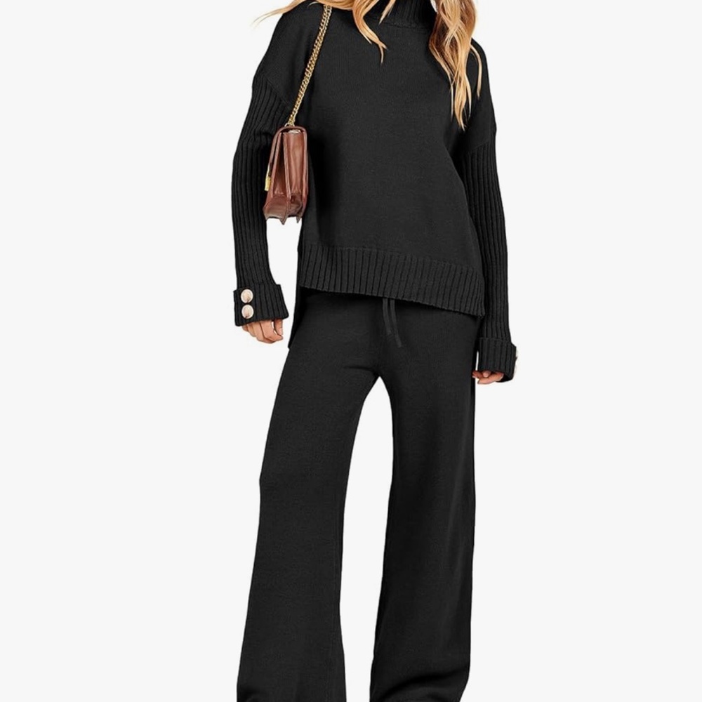 Black Knit Wide-Leg Pants - Casual Lounge Style